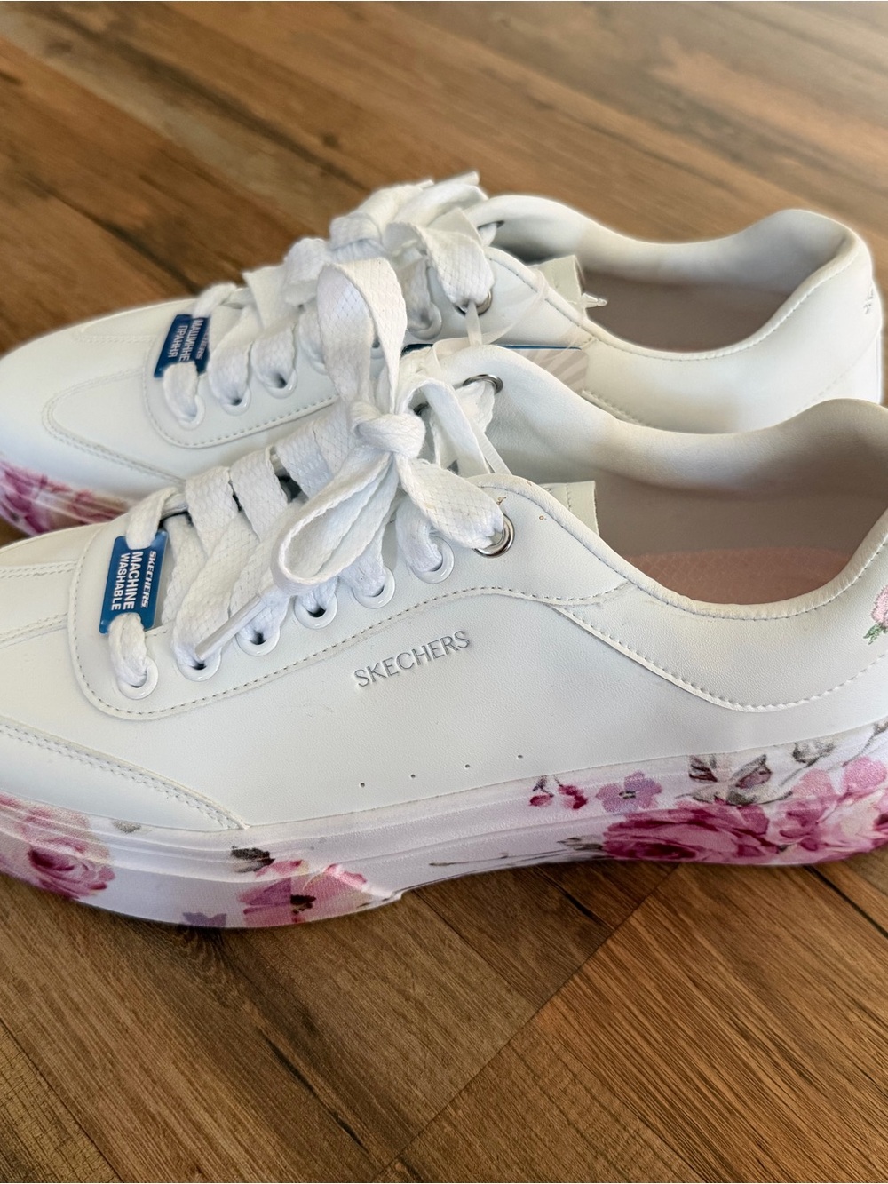 Skechers White Lace-Up Sneakers with Pink Floral Platform